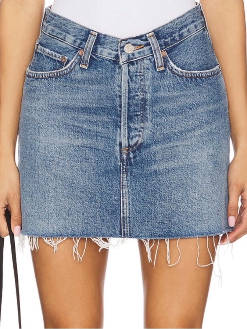 NWT Agolde v-waist Denim Mini Skirt IN FAIRWAY with Raw Hem $178 size 30 NWT